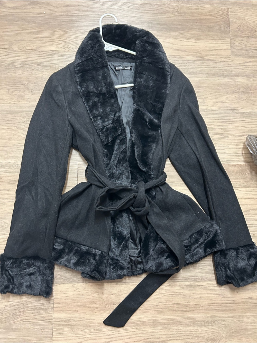 SHEIN Black Faux Fur Trim Belted Wrap Trench Coat